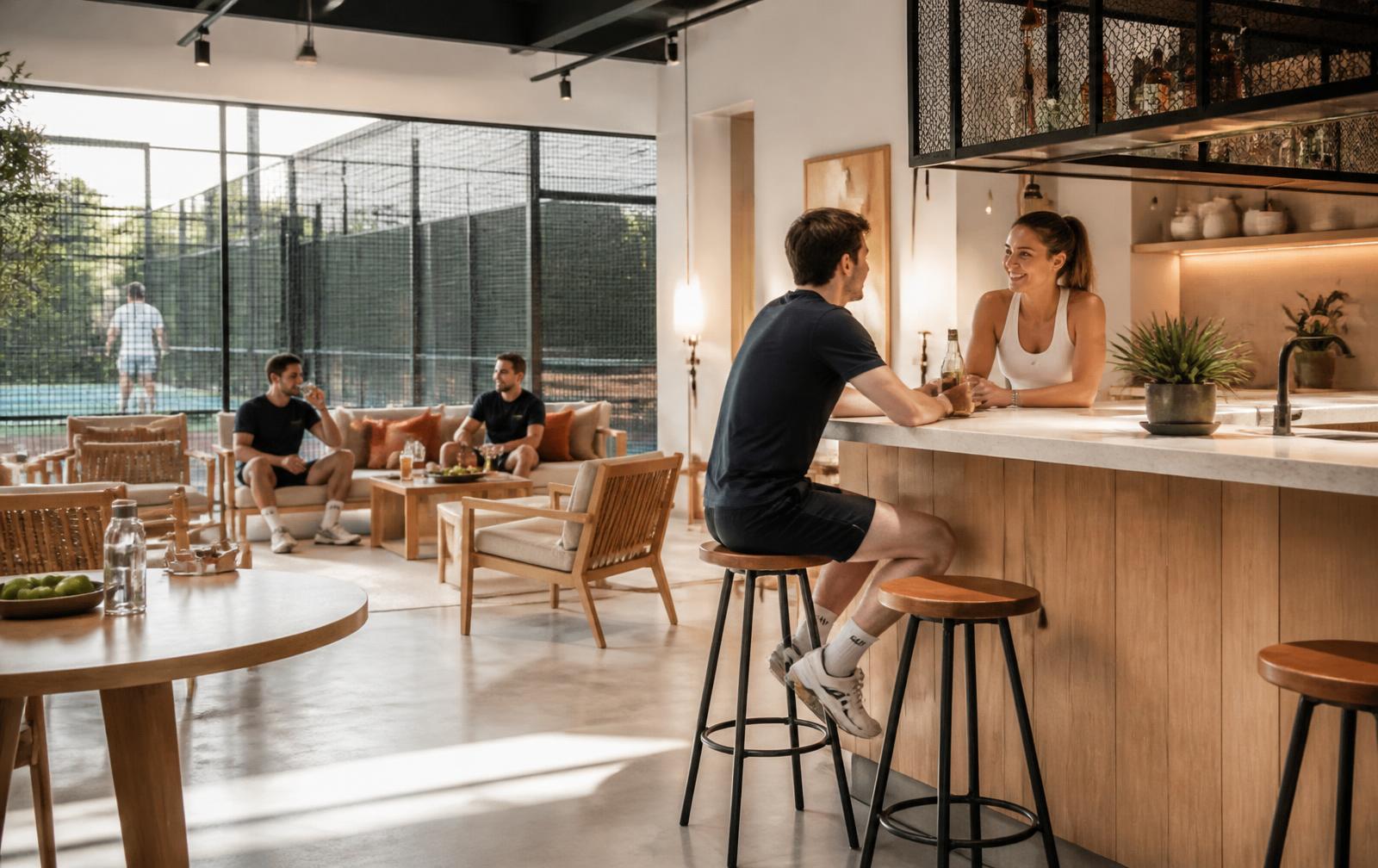 Bar et lounge du club house du Wood Padel Club, club de padel à Namur